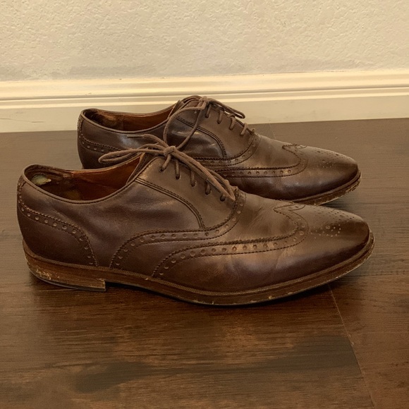 COLE HAAN MENS LEATHER SHOES BROWN LACE UP WING TIP STITCHING - Picture 6 of 7